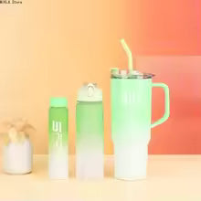 Clarify.pk 3 Pieces Water Bottle Set in green and white with different sizes and lids for versatile use