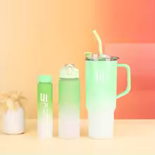 3 Pieces Water Bottle Set in gradient green and white colors with straw and lid options