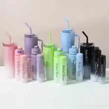 Colorful 3 Pieces Water Bottle Set with straws and lids in pastel and black colors by Clarify.pk