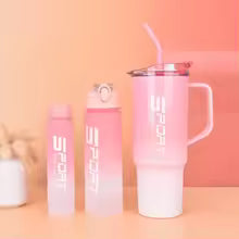 Clarify.pk 3 Pieces Water Bottle Set in pink with varying sizes and handles for easy carrying