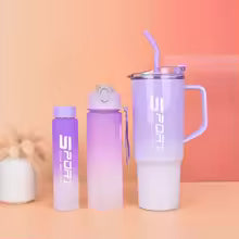 3 Pieces Water Bottle Set in purple gradient colors with straws and handles from Clarify.pk