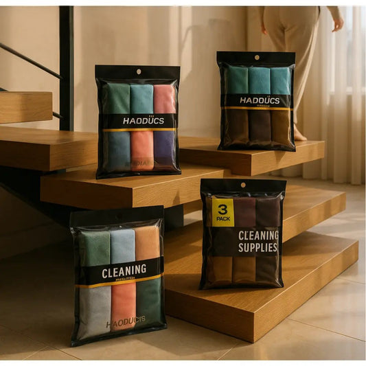 Clarify.pk microfiber cleaning cloth set in various colors packaged in black resealable bags on wooden stairs