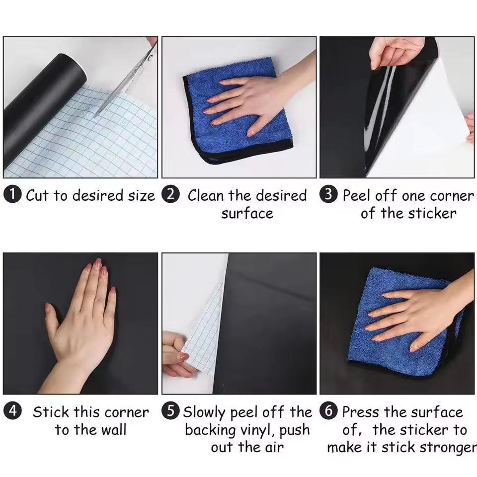 Step-by-step instructions showing how to apply a large blackboard sticker for wall with cleaning, peeling, and smoothing steps