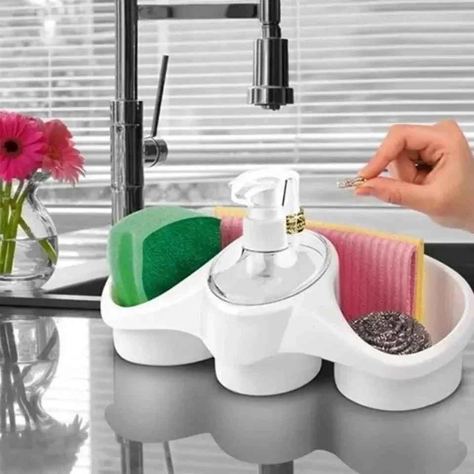 Clarify 3 in 1 dish soap dispenser with sponge holder and scrubber tray for kitchen sink use