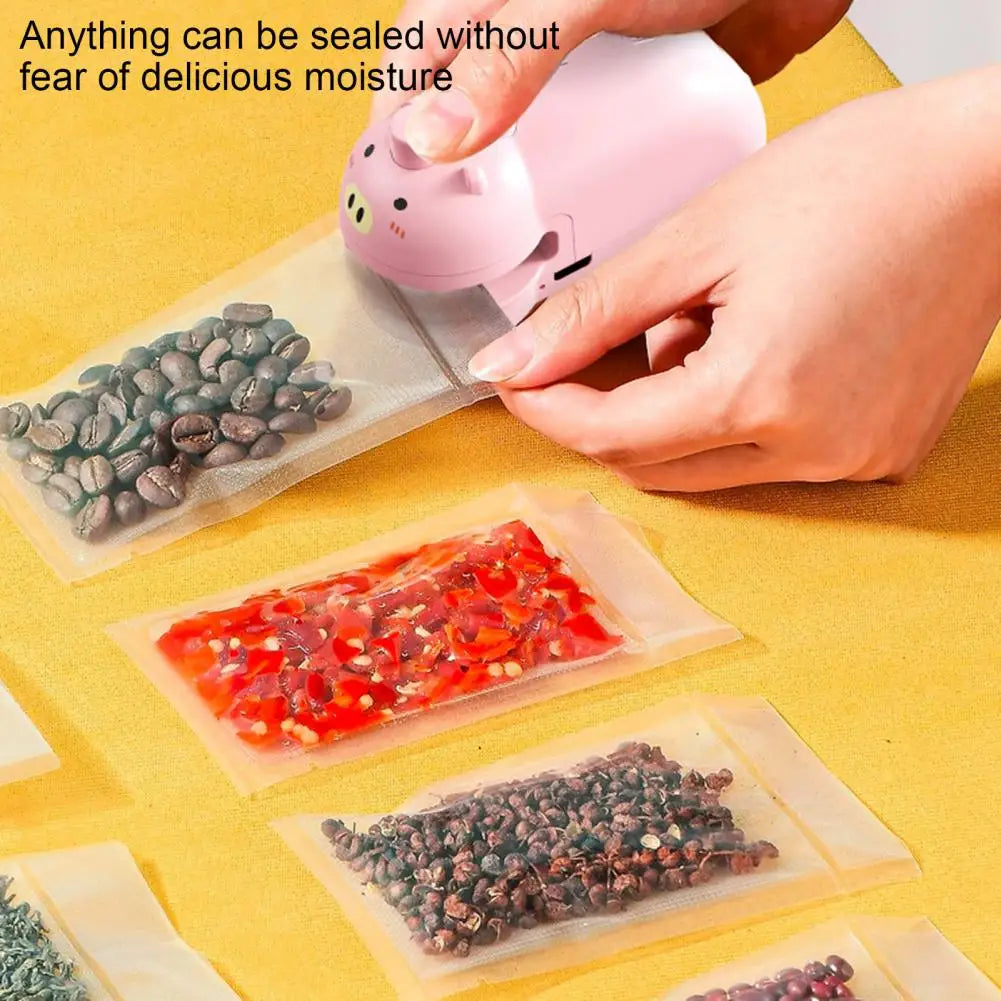 Pink handheld food sealing device sealing coffee beans in a plastic bag to preserve freshness