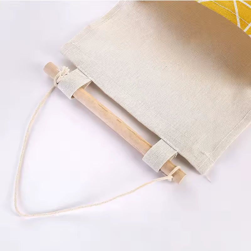 Clarify.pk beige fabric hanging wall storage organizer with wooden rod and rope for easy mounting