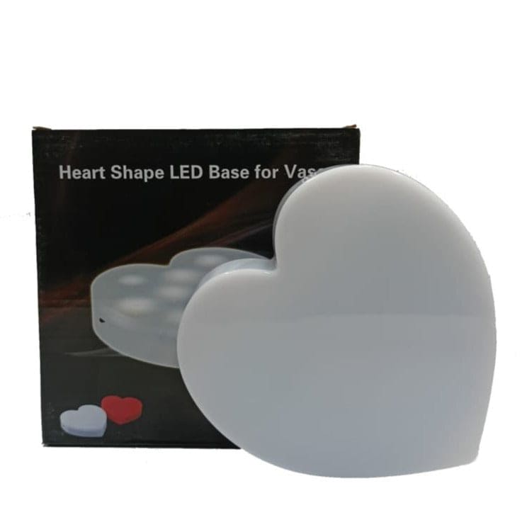 White heart shaped LED lamp with black packaging box showing heart shape LED base for vase