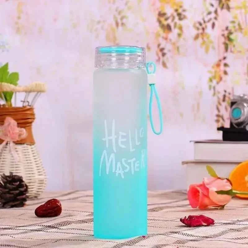 Transparent 400ml water bottle with motivational design and carrying strap for daily hydration