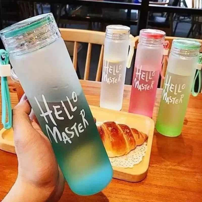 Colorful 400ml water bottle with inspirational text and a strap for easy carrying