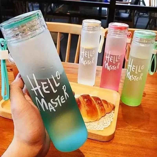 Colorful 400ml water bottle with inspirational text and a strap for easy carrying