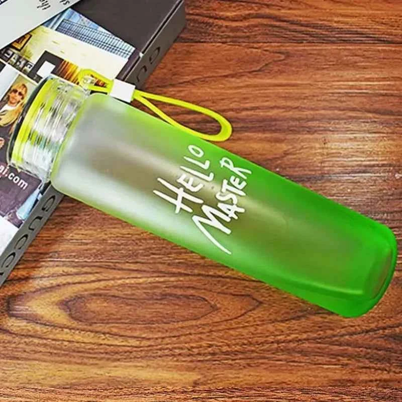 Stylish 400ml water bottle in green with a convenient strap and playful text for hydration on the go