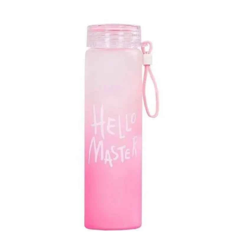 Stylish pink gradient 400ml water bottle with 'Hello Master' text and convenient strap