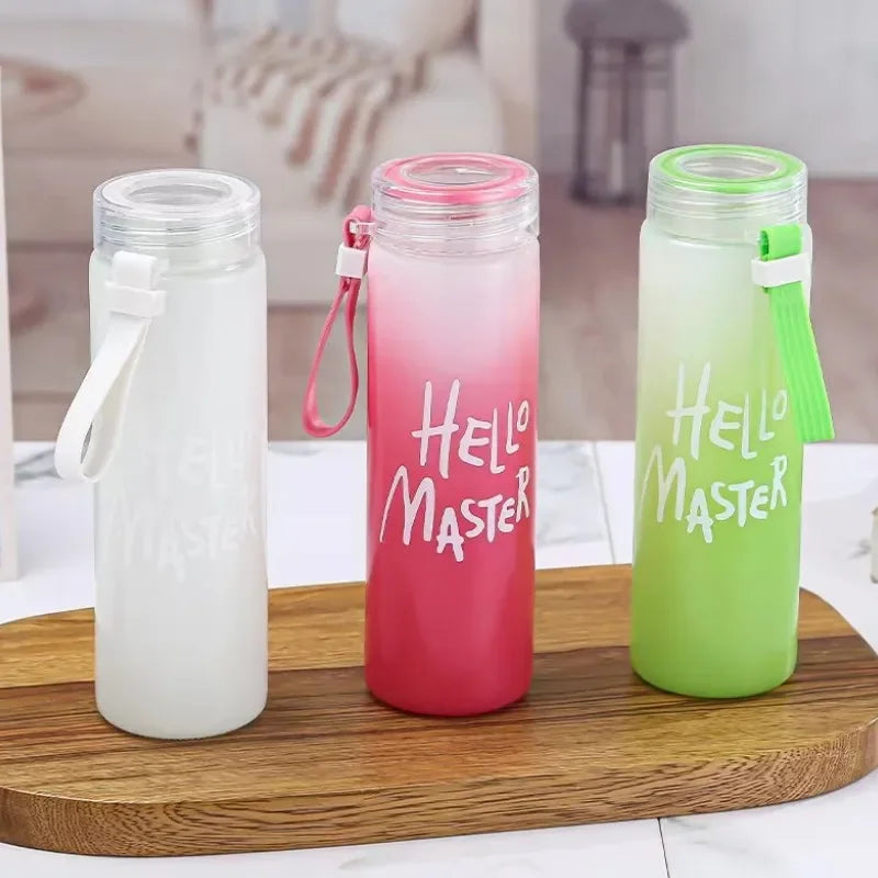 Set of three 400ml water bottles in white, pink, and green with stylish design and convenient carry straps