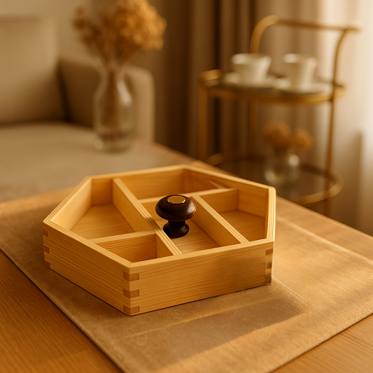 HexaWood snack tray with knob made of light wood with multiple compartments on a wooden table