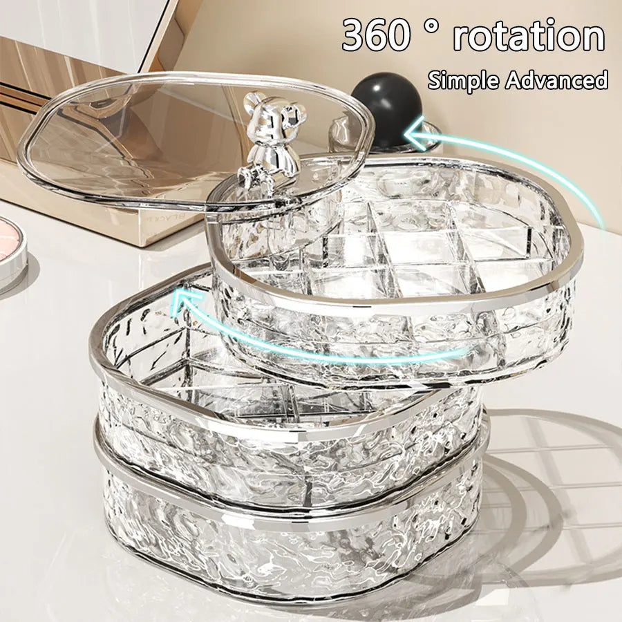 High-end jewelry storage box with 360 degree rotation and clear textured compartments for elegant display