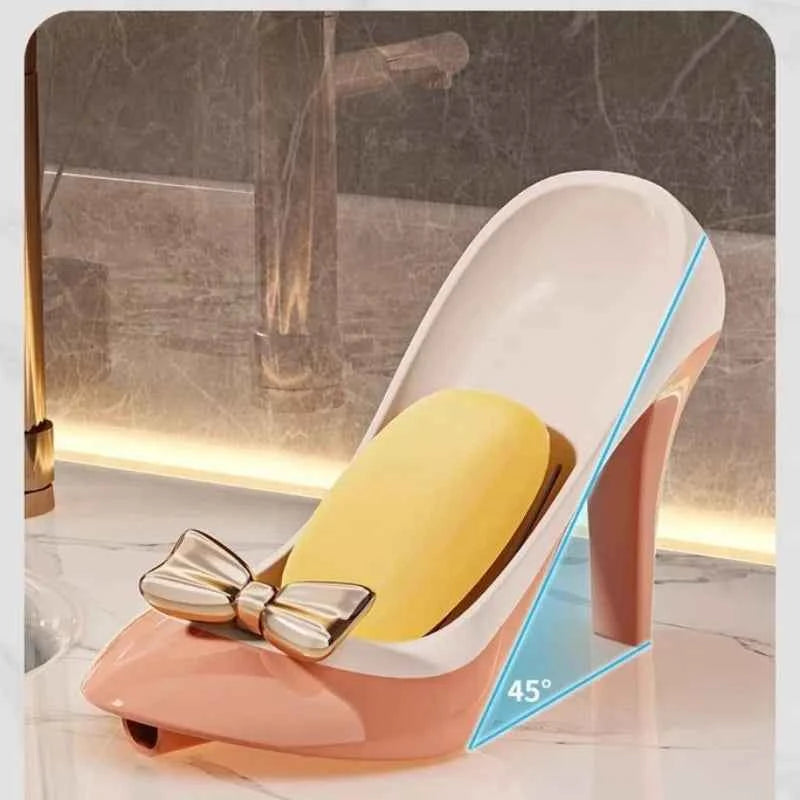 Elegant high heel soap dish with bow design, perfect for stylish bathroom decor