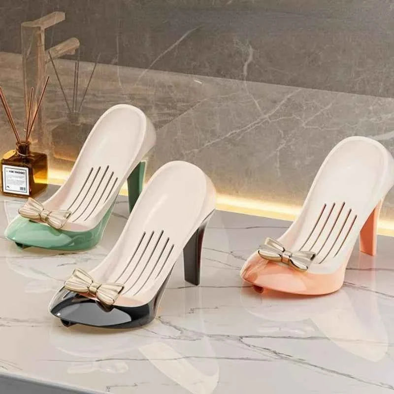 Elegant high heel soap dish in various colors with a bow design for stylish bathroom decor