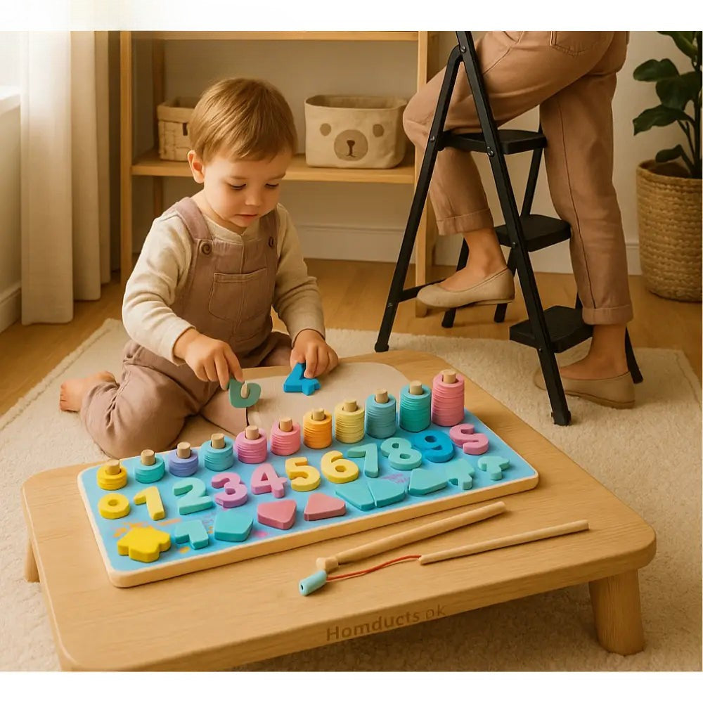 Child playing with colorful 5-in-1 wooden number puzzle on a wooden table in a cozy room