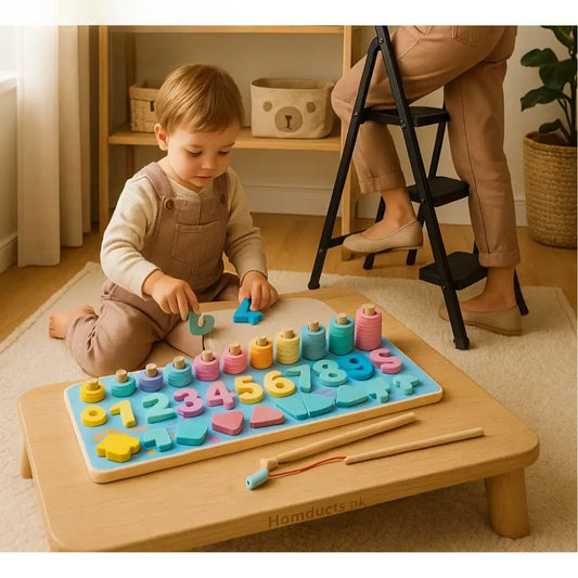 Child playing with colorful 5-in-1 wooden number puzzle on a wooden table in a cozy room