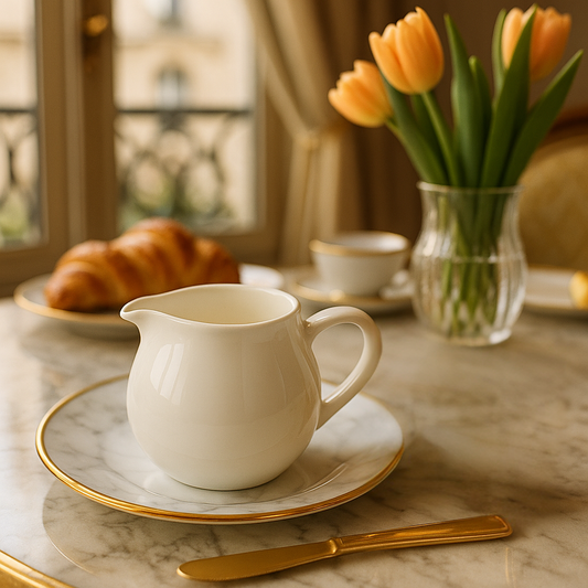 Elegant Porcelain Milk Jug on a marble table with plate, gold knife, croissant, and tulip flowers