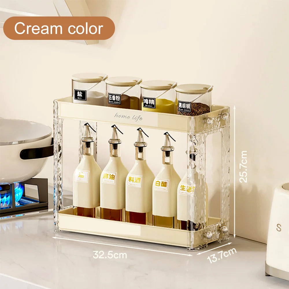 Cream color 2 tier spice rack organizer kitchen cupboard with clear sides and multiple spice bottles