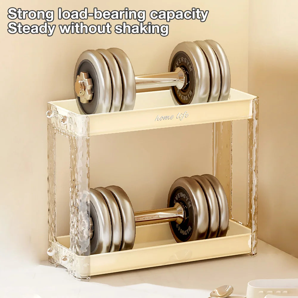 Clarify.pk 2 tier spice rack organizer with strong load-bearing capacity holding dumbbells in kitchen