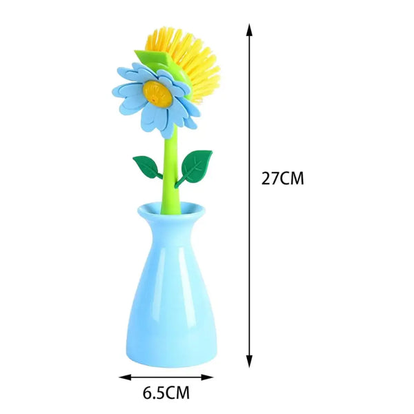 floral dish brush set blue vase holder with daisy shaped yellow bristle brush green stem and leaves 27 cm tall