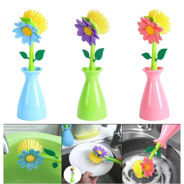 Clarify pk floral dish brush set with three colorful flower scrub brushes in blue green and pink vases