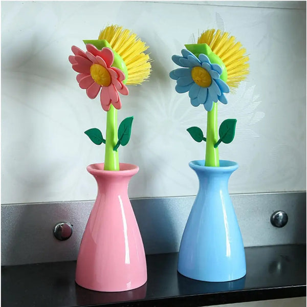 floral dish brush set with two flower scrub brushes in pink and blue vase holders with yellow bristles