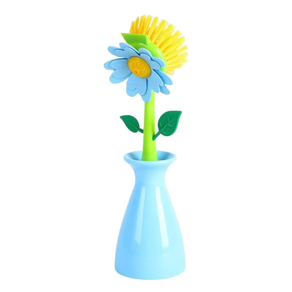 floral dish brush set in blue vase holder with sunflower yellow bristles green stem and leaves for kitchen cleaning