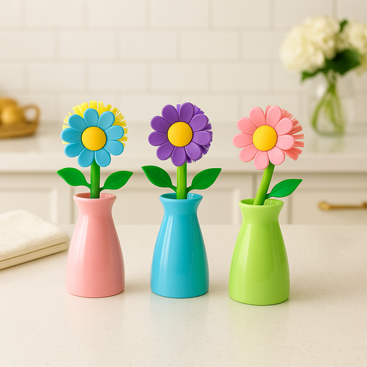 floral dish brush set three colorful flower scrub brushes in pink blue and green vases on a kitchen countertop