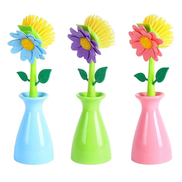 Clarify pk three pack floral dish brush set with blue purple and pink flower heads yellow bristles and green stems in vase holders