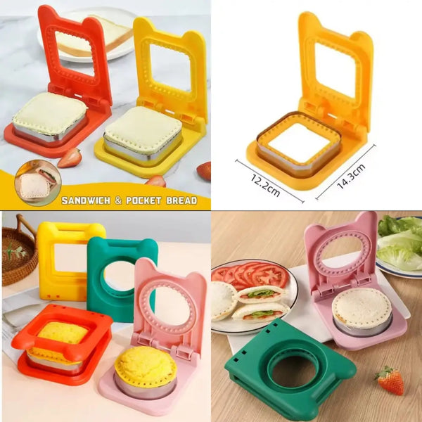 Colorful plastic sandwich cutter and sealer set for square and round pocket sandwiches with press mold