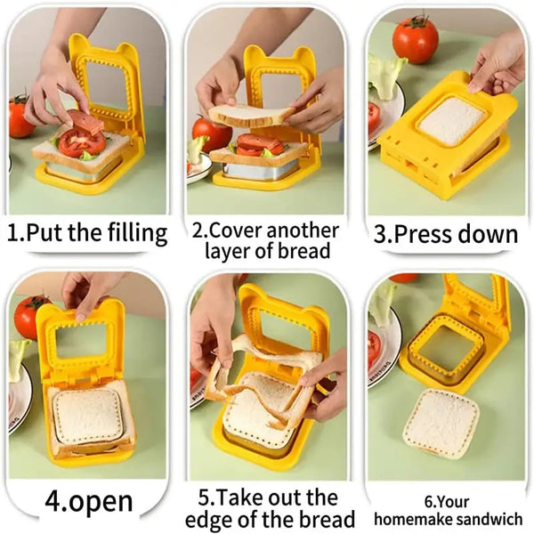 Yellow sandwich cutter and sealer demonstrating step by step filling pressing and removing sealed square sandwich