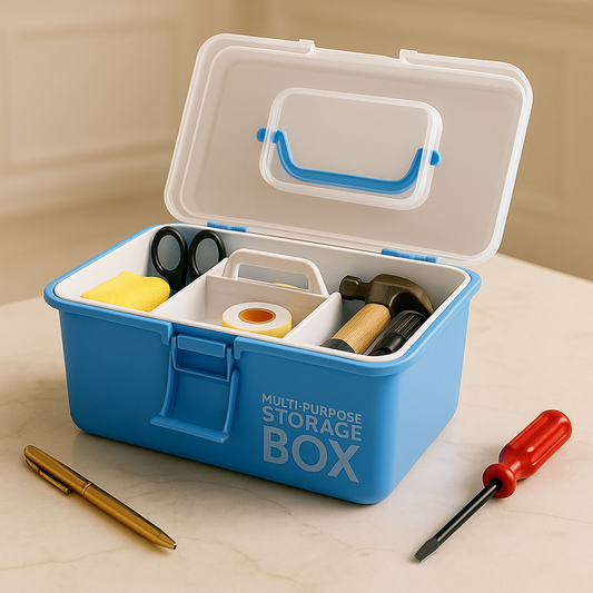 Blue multi-purpose storage box with compartments holding tape scissors sponge hammer and open lid on counter