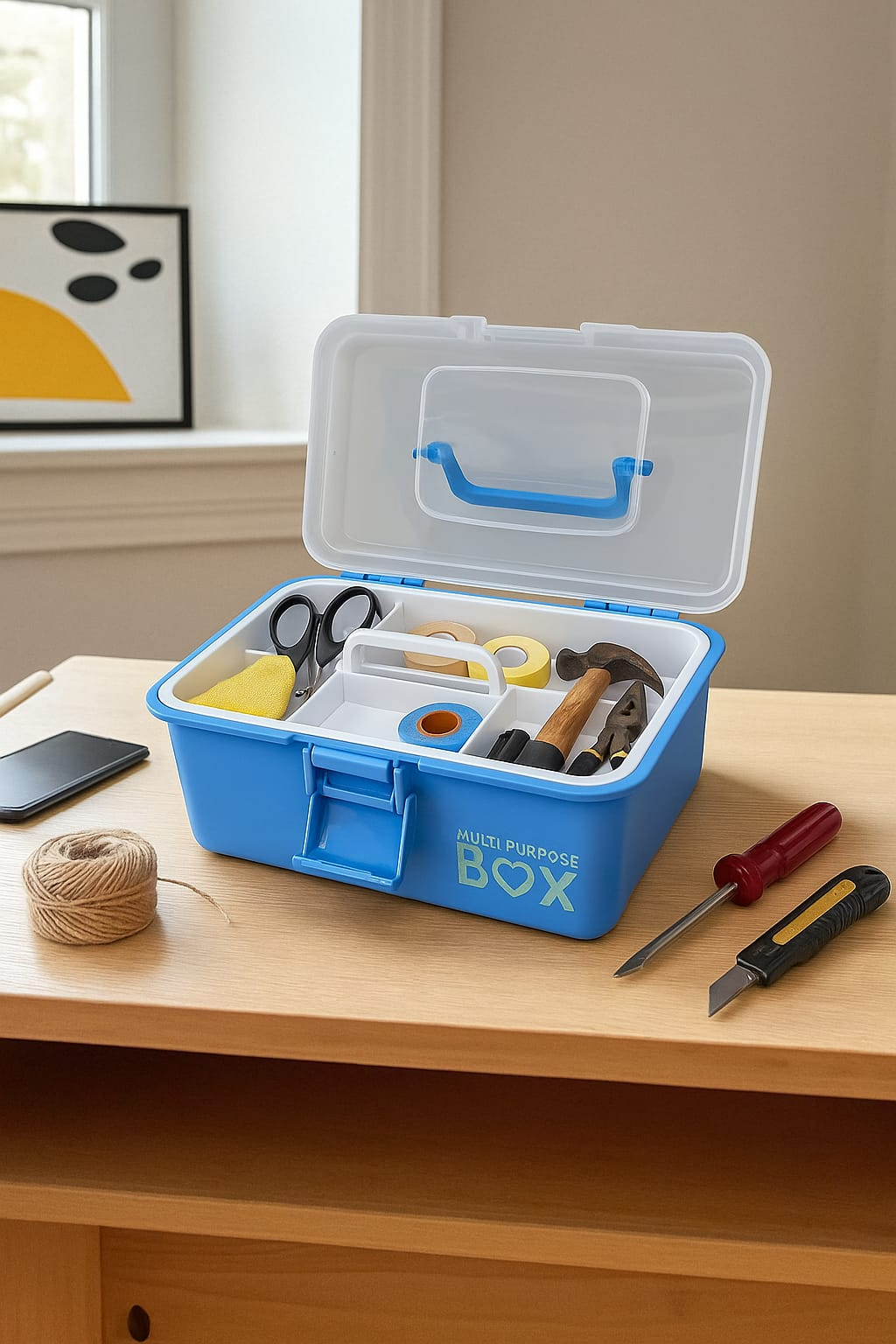Blue plastic multi-purpose storage box open on a wooden table with internal compartments holding hammer scissors tape and tools