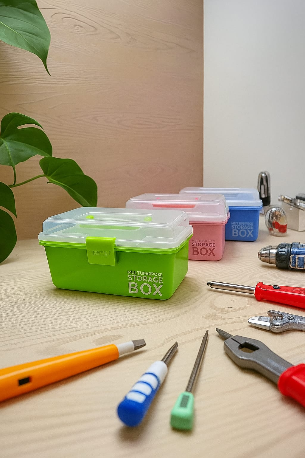 Green multi-purpose storage box with matching pink and blue boxes and tools on a wood table for organization