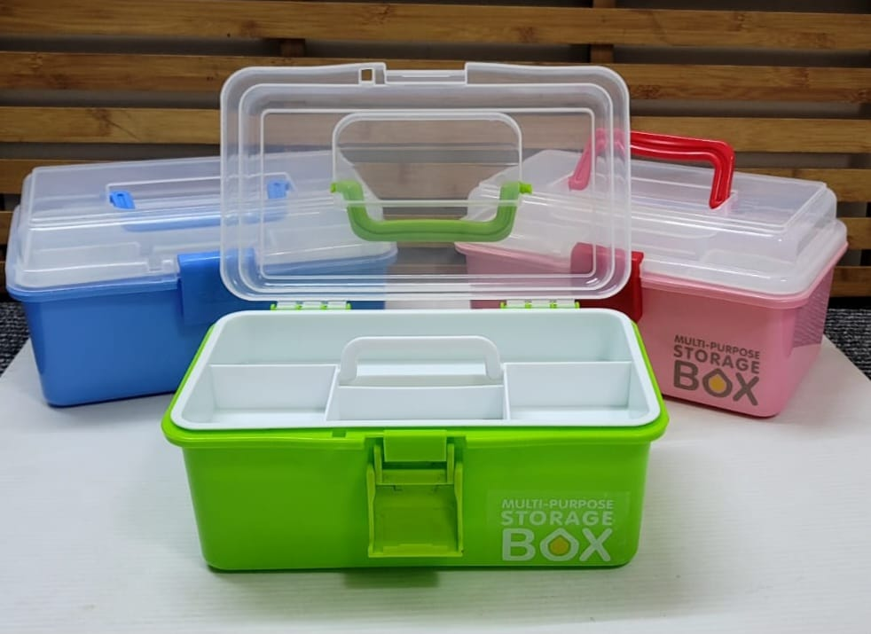Green blue and pink plastic multi-purpose storage box set with clear lids handles latch and removable tray