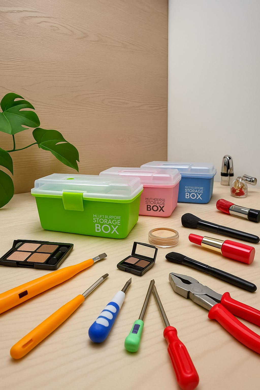 Three colorful multi-purpose storage box containers on a wooden table with makeup and hand tools