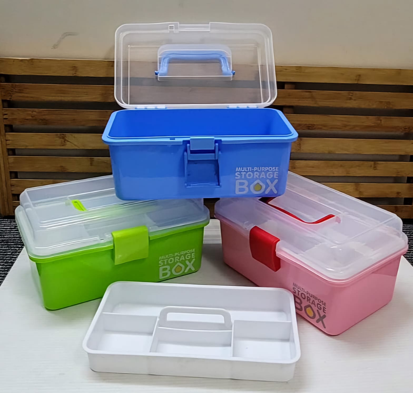 Clarify pk multi-purpose storage box set of blue green pink plastic organizers with clear lids and tray
