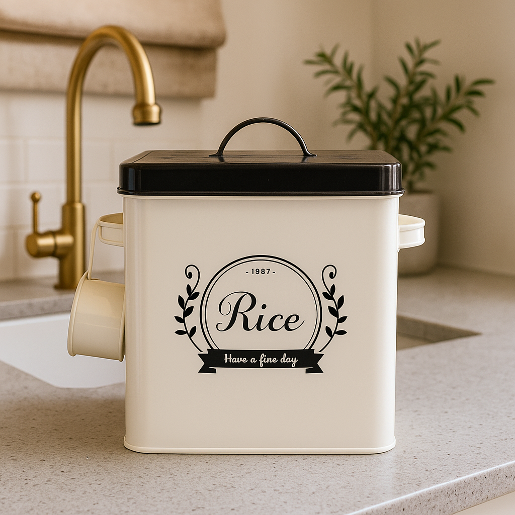 5 liter rice storage bucket cream metal container with black lid scoop attached for countertop storage