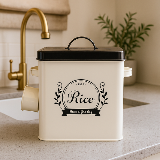 5 liter rice storage bucket cream metal container with black lid scoop attached for countertop storage