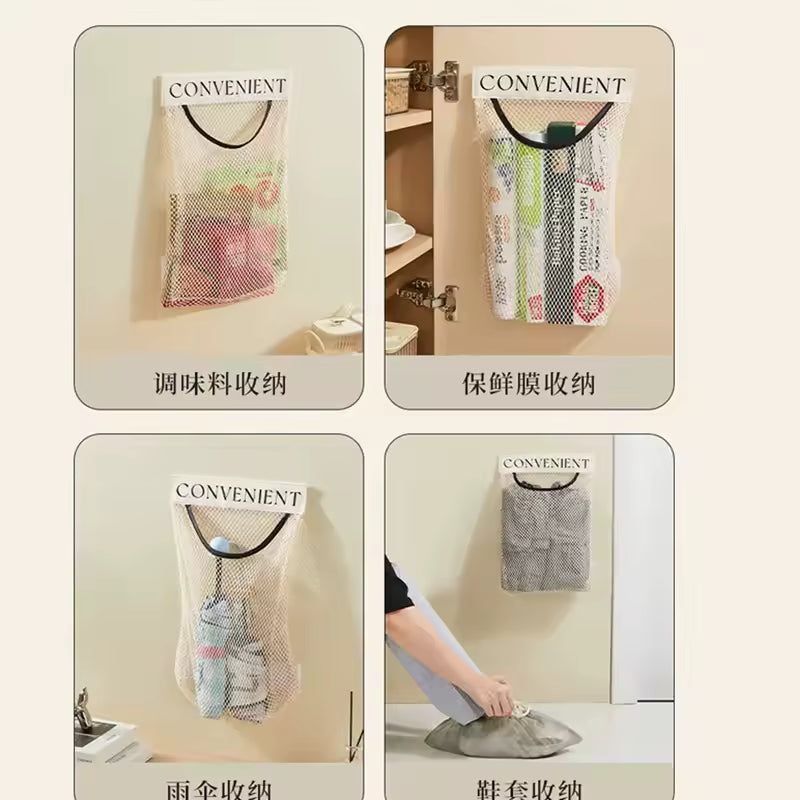 Mesh hanging shopping bag labeled CONVENIENT used for kitchen storage and as a garbage bag dispenser organizer