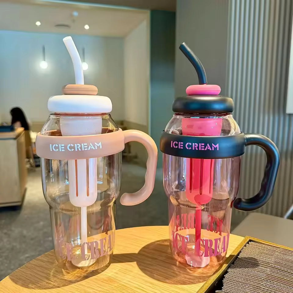 Two large capacity plastic water bottles with ice cream design and straws in pink and black color