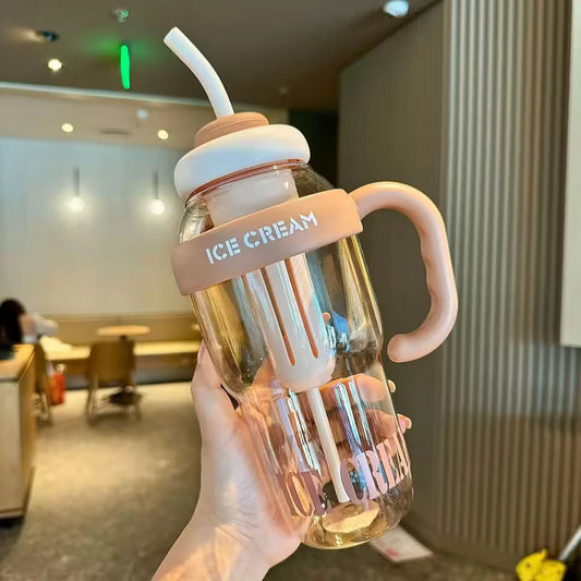 Large capacity plastic water bottle with handle and straw in clear and peach colors