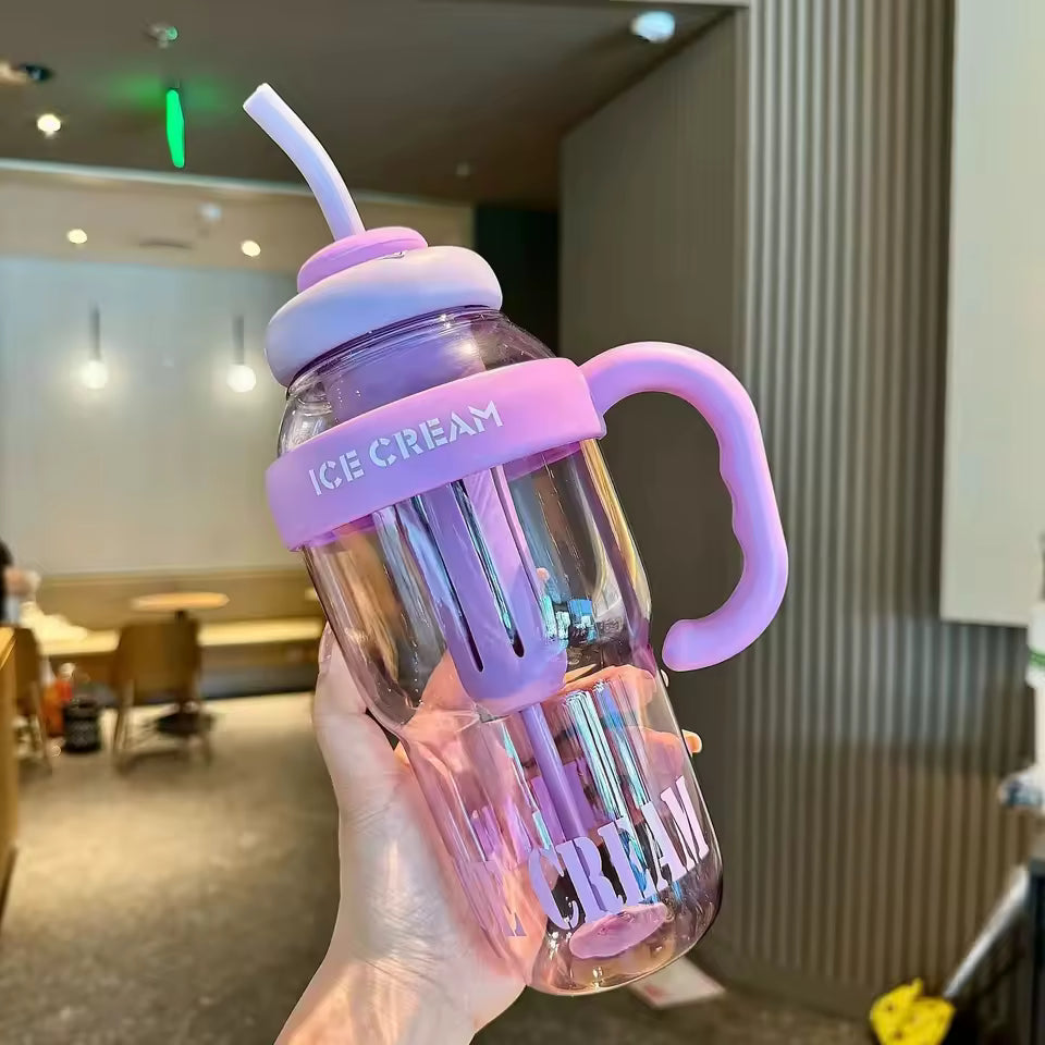 Large capacity plastic water bottle with purple handle and straw featuring ice cream design