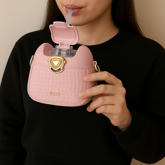 Woman drinking from a pink portable straw cup with bag featuring a gold clasp and strap