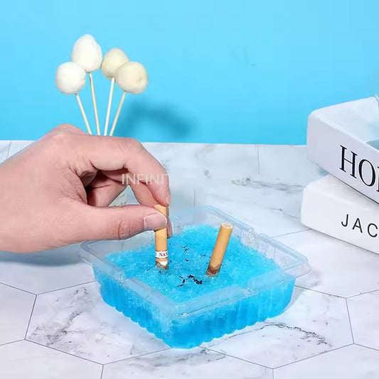 Disposable ashtray 4 pieces set with blue gel and clear square tray holding cigarette butts