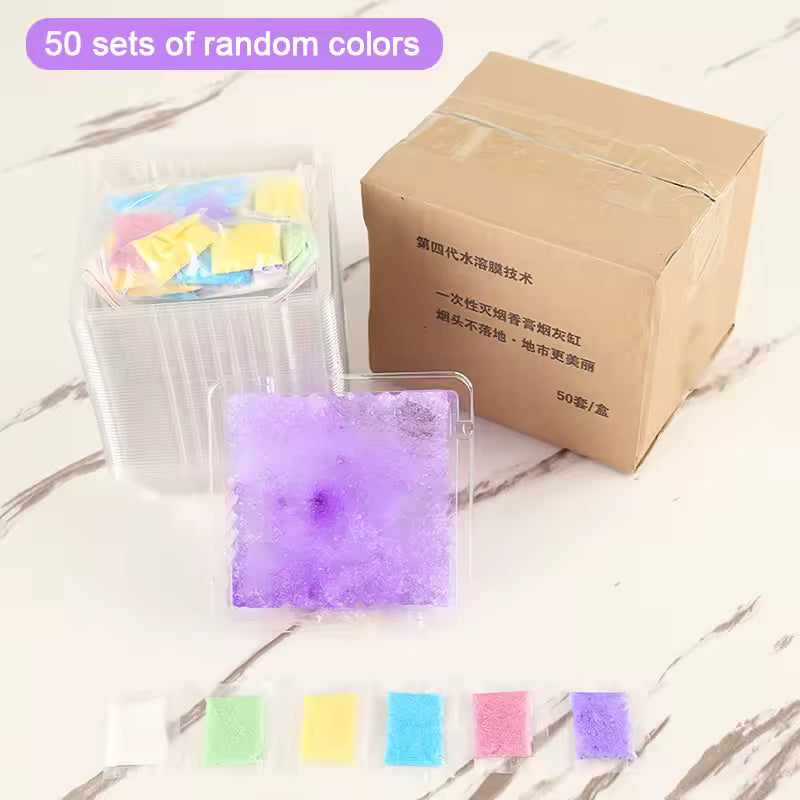 Disposable ashtray 4 pieces set in various colors with clear plastic packaging and cardboard box from Clarify.pk