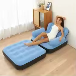 Inflatable sofa bed in blue and black with comfortable cushioned surface perfect for lounging
